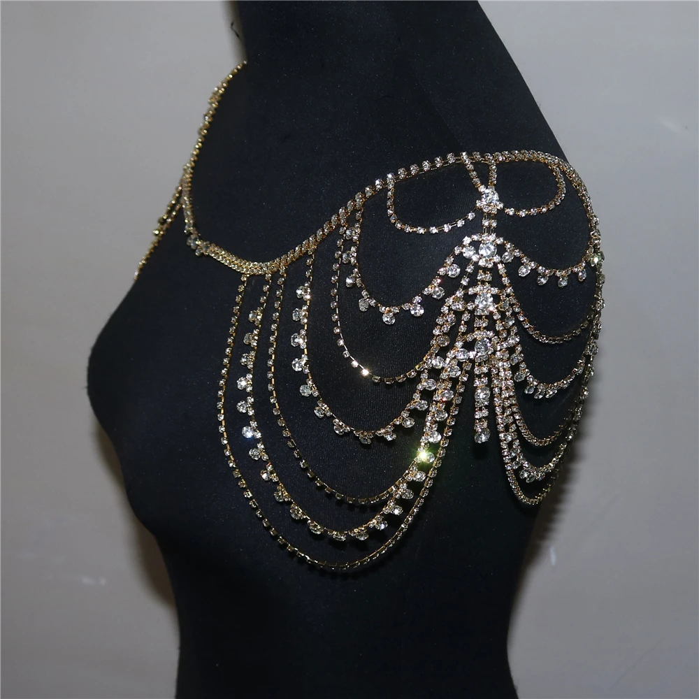 INS Fashion Multilayer Rhinestone Bridal Shoulder Chain Ladies Wedding Party Shining Crystal Tassel Shawl Necklace Jewelry Gift