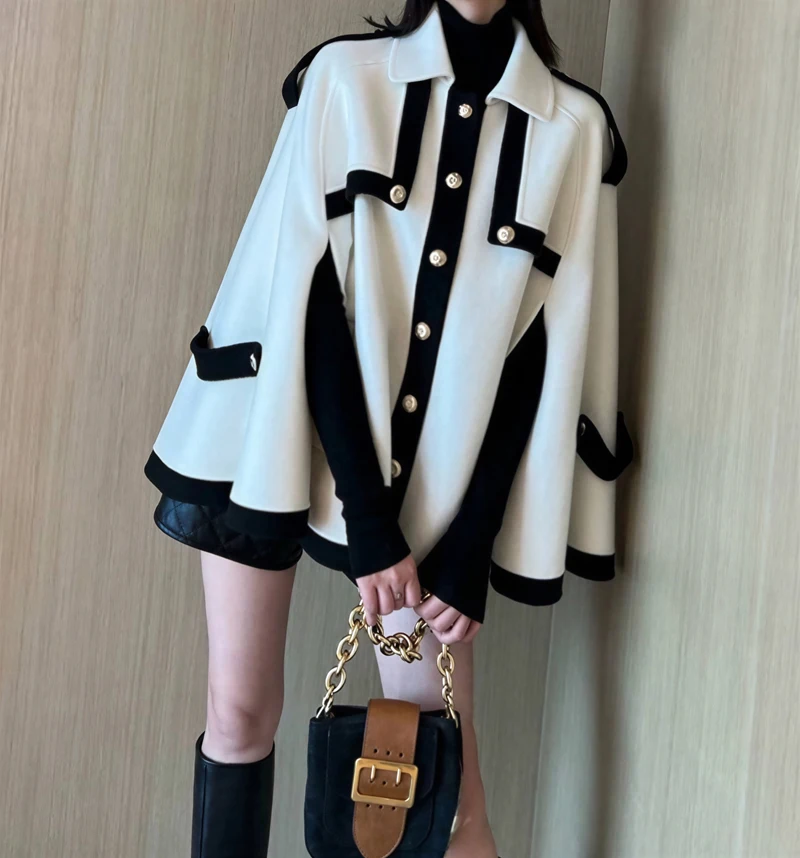 

Wool Blend Coats Womens Woolen Coat Print Fall Blended Stand-Collar Double-Breasted Elegant Mature Temperament Parisian Style OL