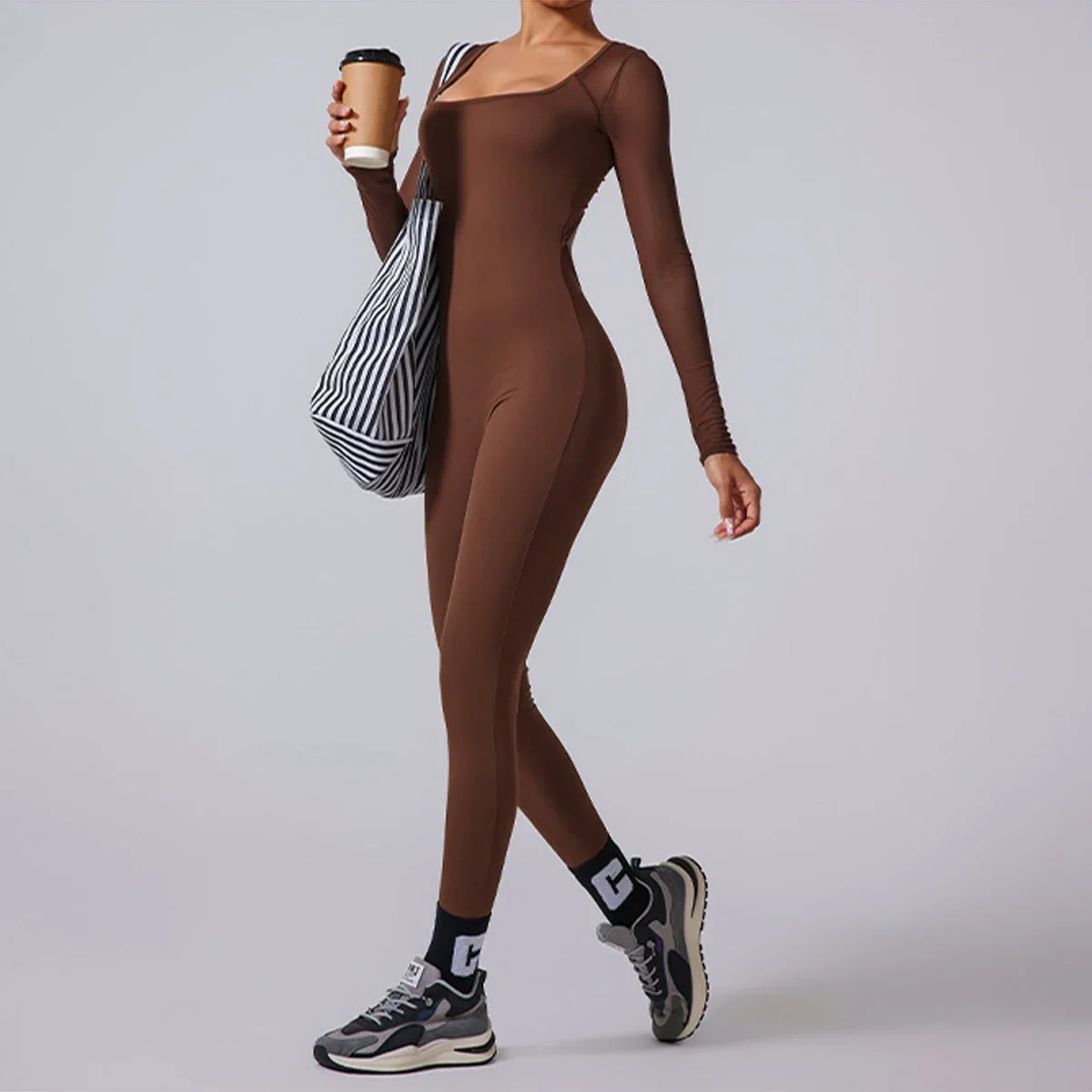 

New Tulle Cuffed Bodysuit Breathable Long Sleeve Bodysuit Back Pleated Hollow Soft Fitness Clothing Fitness Running Sportswear