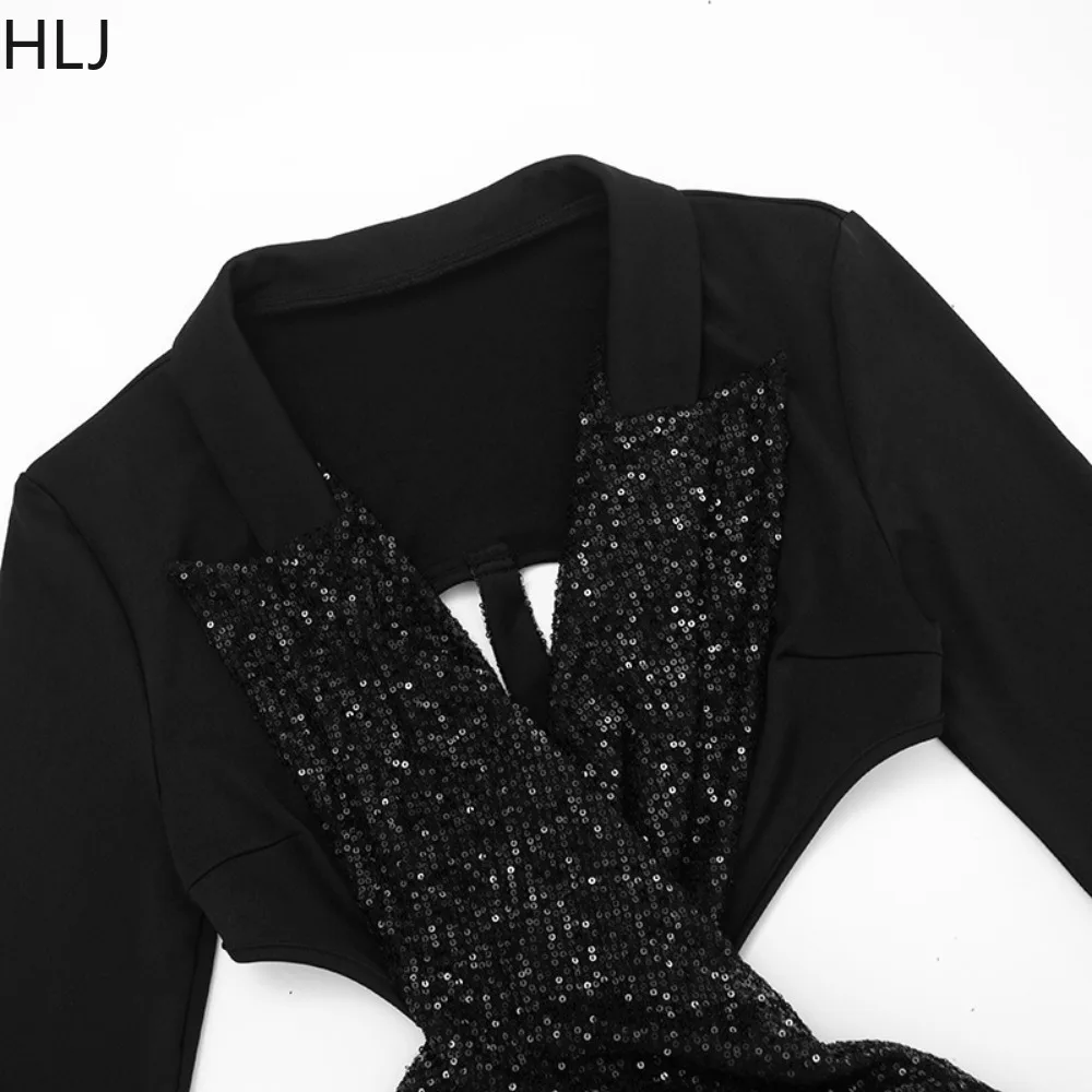 HLJ Sexy Sequin Patchwork Bodycon Dresses Women Shining Long Sleeve Hollow-out Backless Dress Female Nightclub Vestidos 2025 New