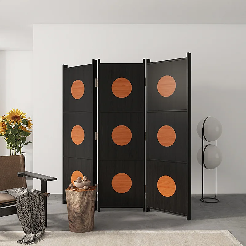 Retro screen partition foldable mobile designer medieval small art solid wood curtain black