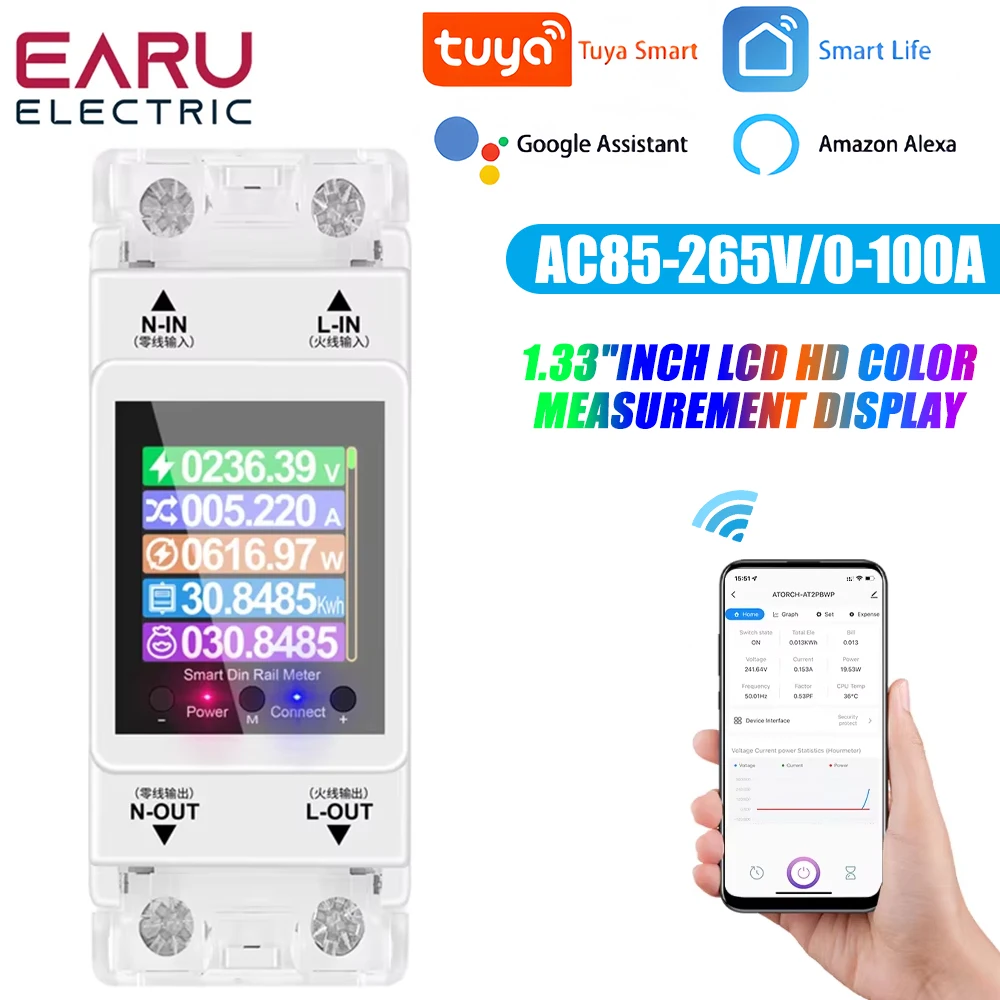 AT2PW 100A Tuya WIFI Din Rail Energy Meter Smart Switch Remote Control AC 220V 110V Digital Volt Amp Kwh Frequency Factor Meter