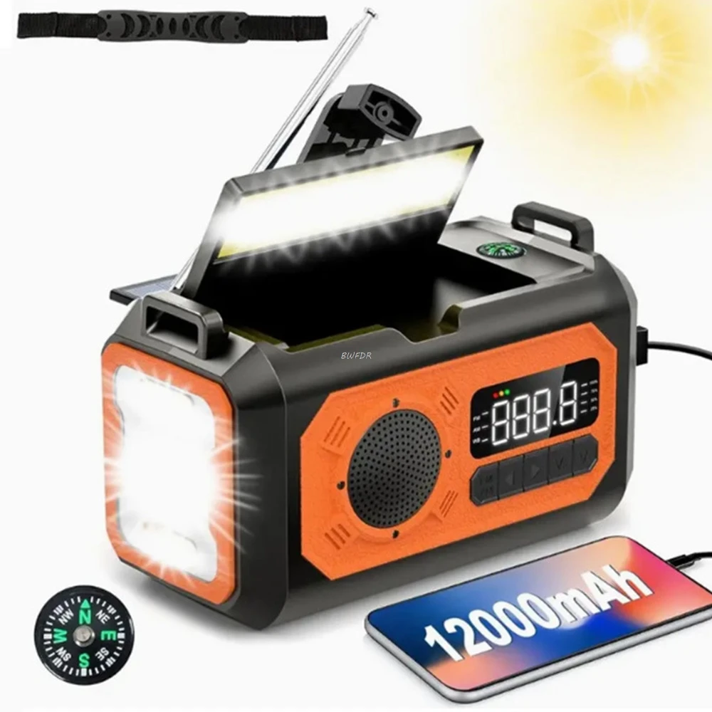 12000mAh AM/FM/NOAA Emergency Radio Solar Hand Crank Radio Reading Lamp Flashlight SOS Alarm Power Bank Speaker רדיו ופנס חירום