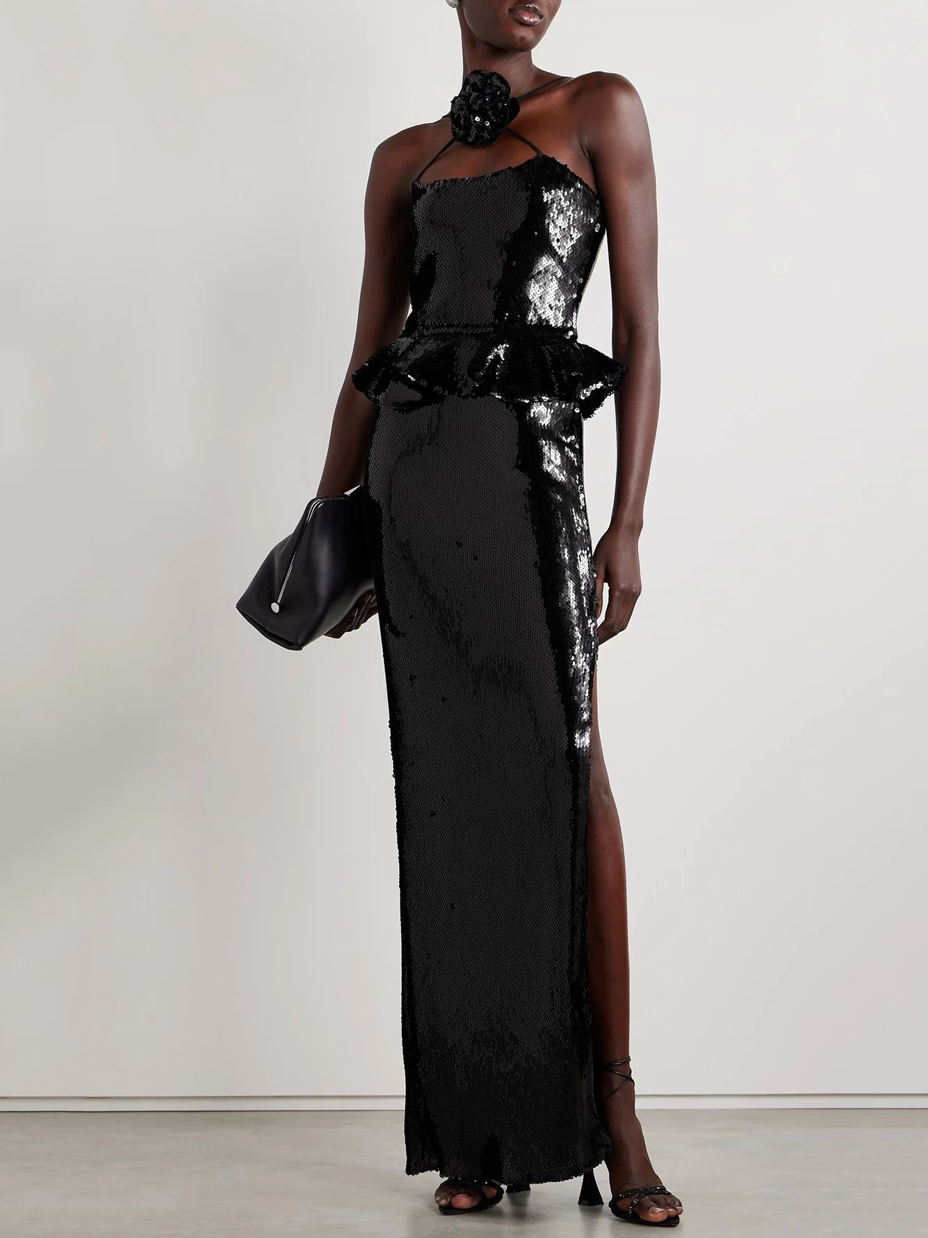 عالية الجودة المرأة أسود مثير أكمام عارية الذراعين ثلاثية الأبعاد الأزهار الفاخرة الترتر فستان ماكسي أنيق المشاهير فستان الحفلات Vestidos #5