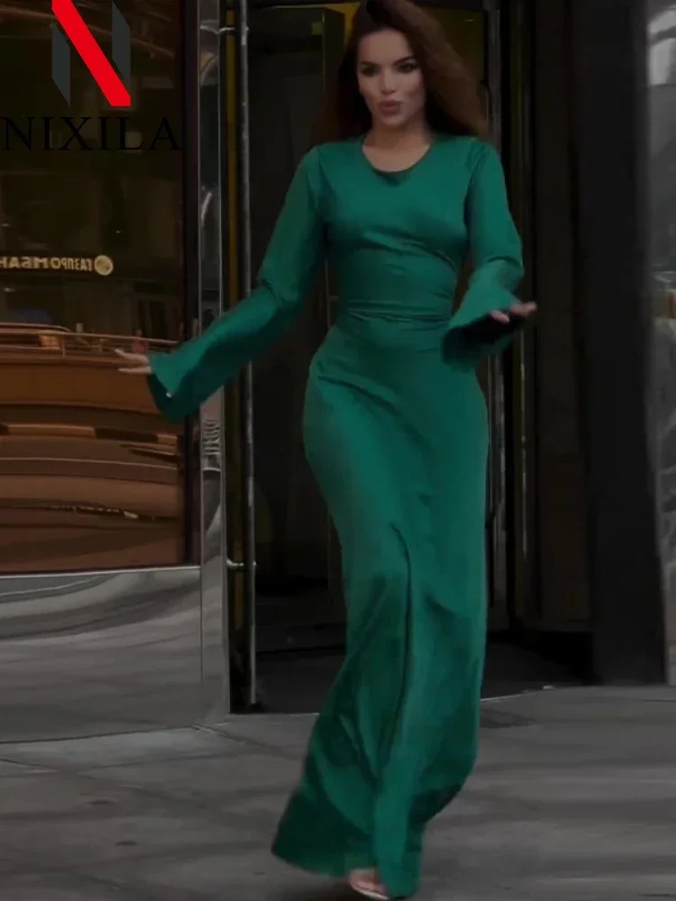 New Spring Autumn Womens Long Dresses Fashion Simple Round Neck Satin Flare Sleeve Lace Up Slim Evening Female Sexy Party Dress