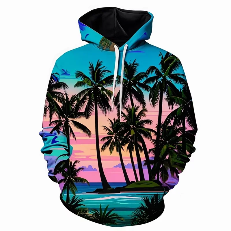 Sunset Beach Pattern Hoodie For Men Coconut Tree 3D Printed Long-Sleeved Vacation Loose Hoodies Sweatshirt Street Tops Pullover