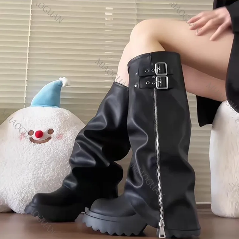فاسق نمط الربط سميكة القاع النساء أحذية عالية في الركبة موضة سستة الإناث مطوي فارس الجوارب الطويلة الخريف أحذية نسائية #1