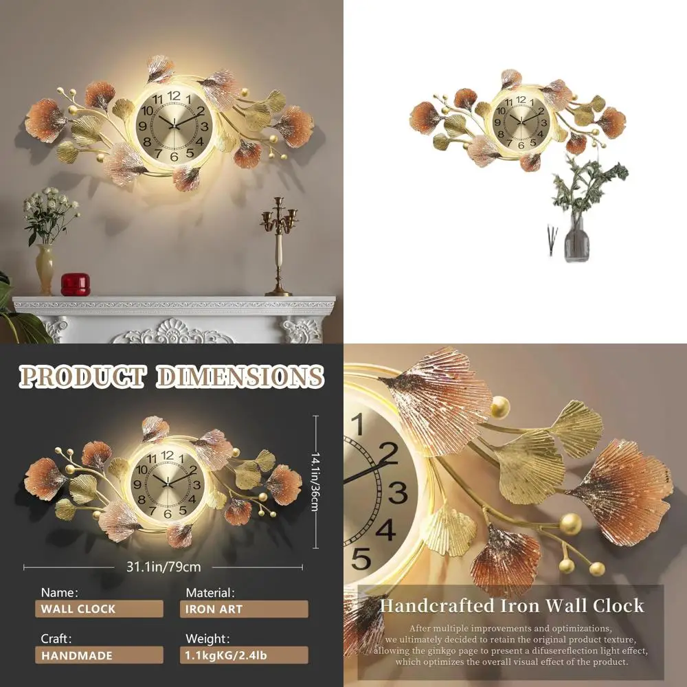 

Бесшумные кварцевые 3D-часы с изображением листьев гинкго - современный декор для гостиной, спальни, офиса и ванной комнаты
