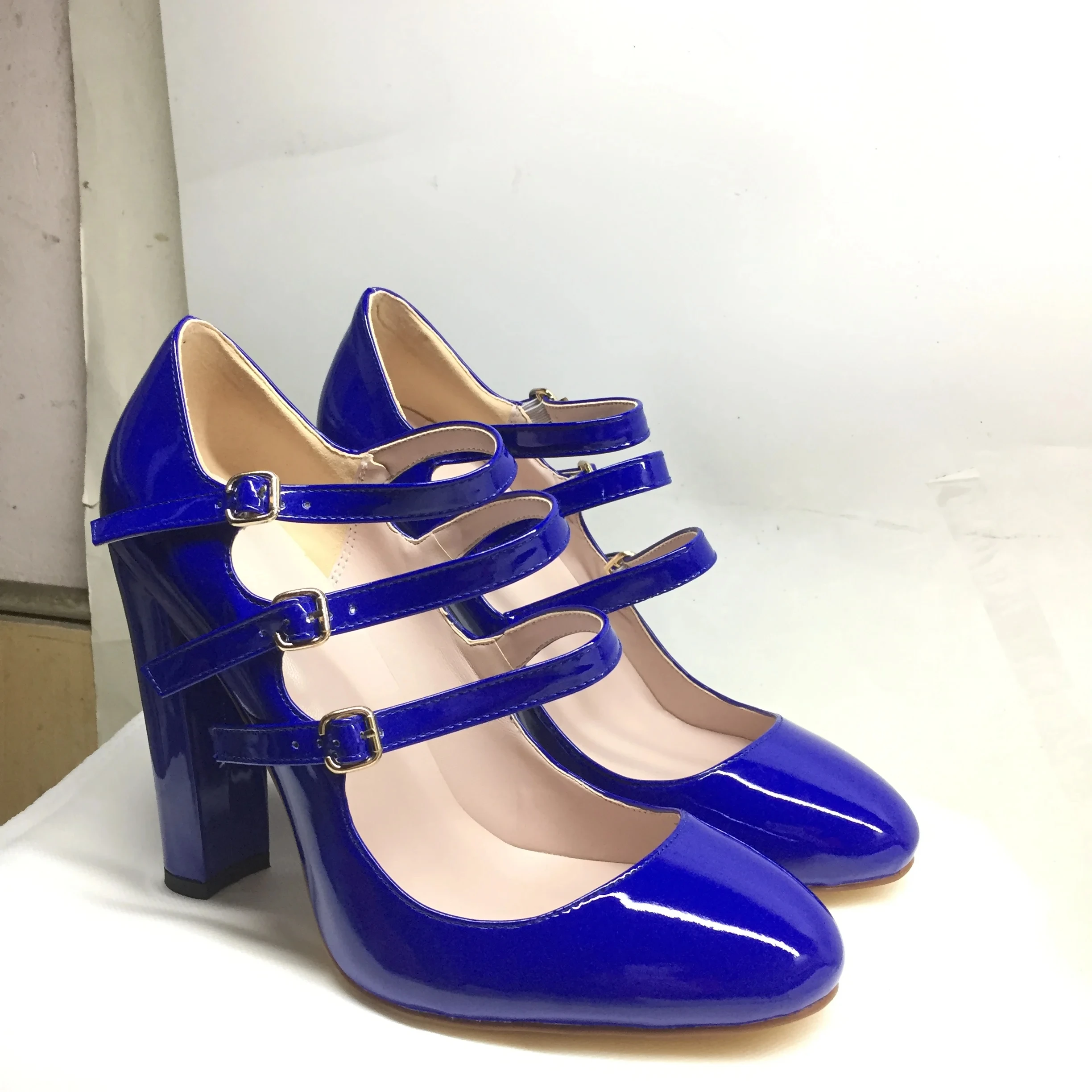 Fashion Women\'s Shoes Round Toe High Heels Pumps 3-Straps Blue Pink Patent Leather Customized Color Ladies Female Party Heels