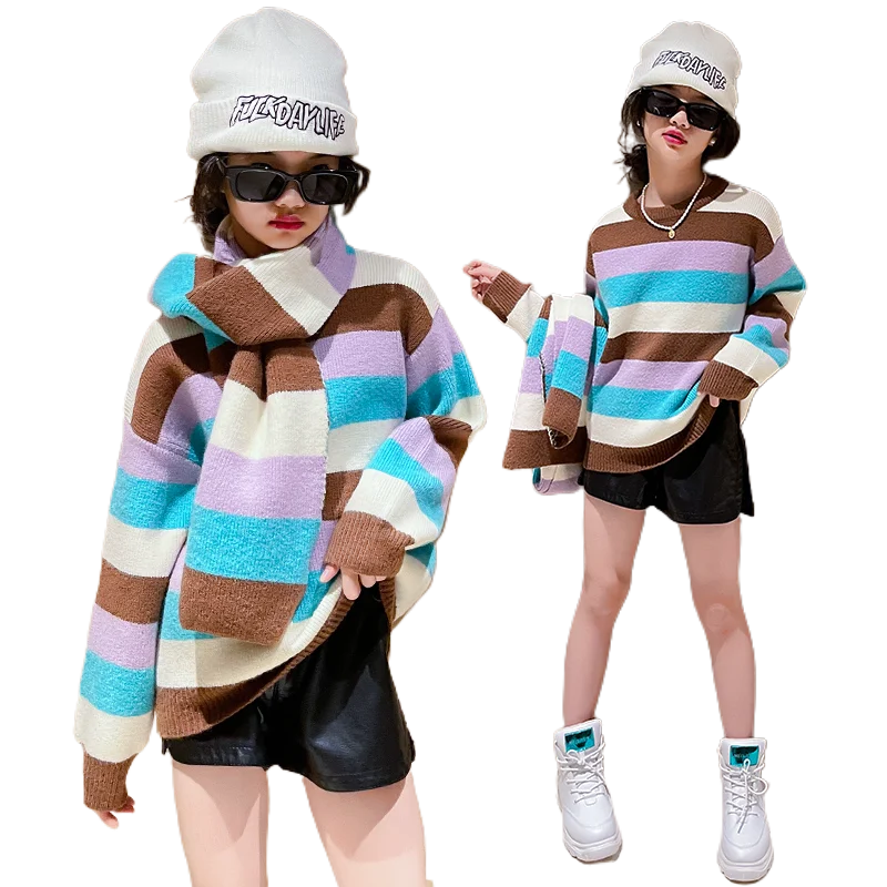 

Colorful Sweaters with Scarf for Girls 2022 Kids Students Winter Knitted Clothing Thickened Children's Sweaters To 15 Years Old