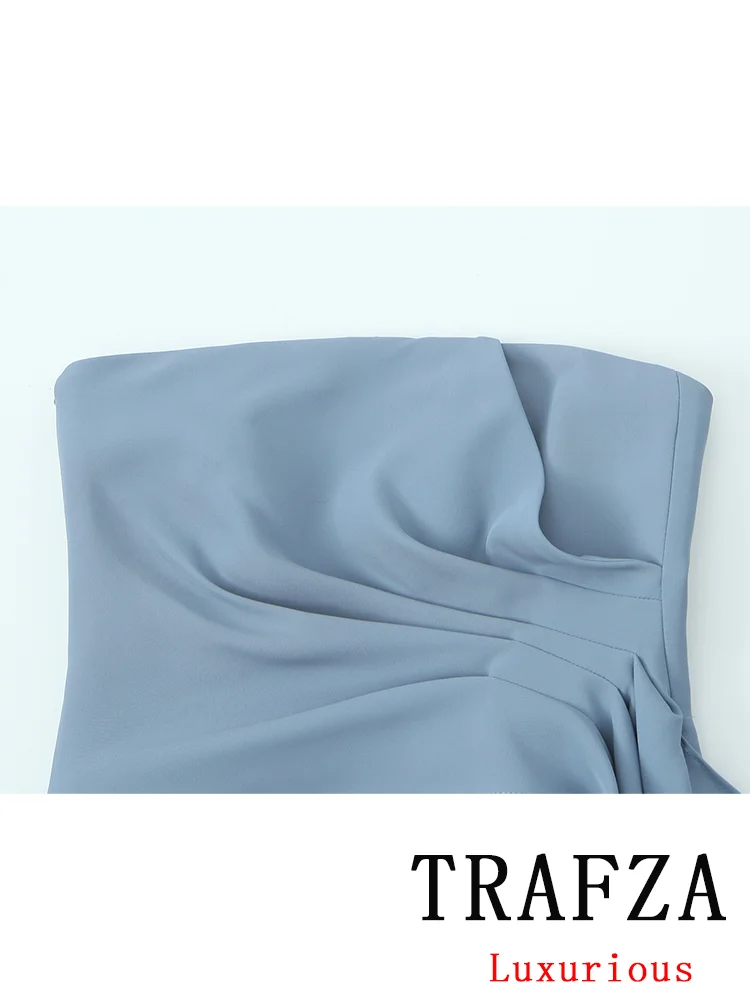 TRAFZA Vintage Casual Chic Solid Women Suit Strapless Sleeveless Pleated Top Loose Straight Pants New Fashion 2024 Autumn Suits