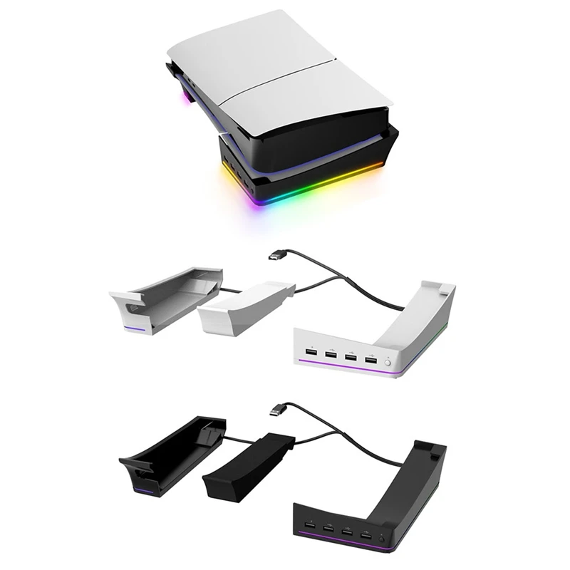 For PS5 Slim/Pro Stand With Light Modes, 4 USB Hubs - Enhanced Storage & Display