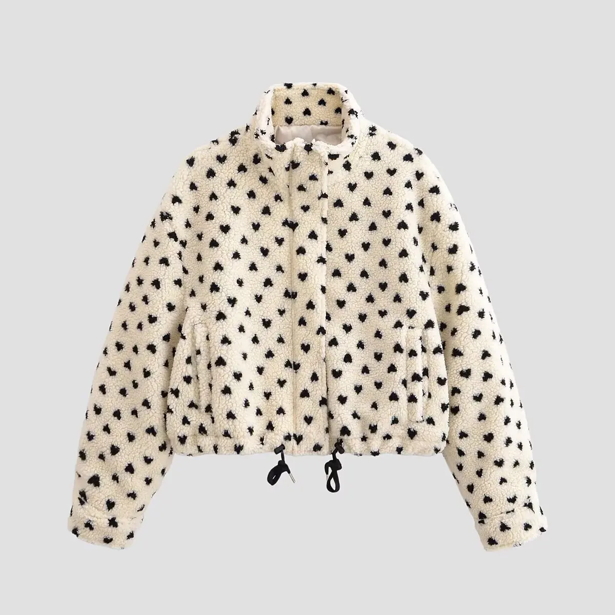 

European and American 2025 new winter new sweet and fashionable drawstring stand collar polka dot fleece jacket