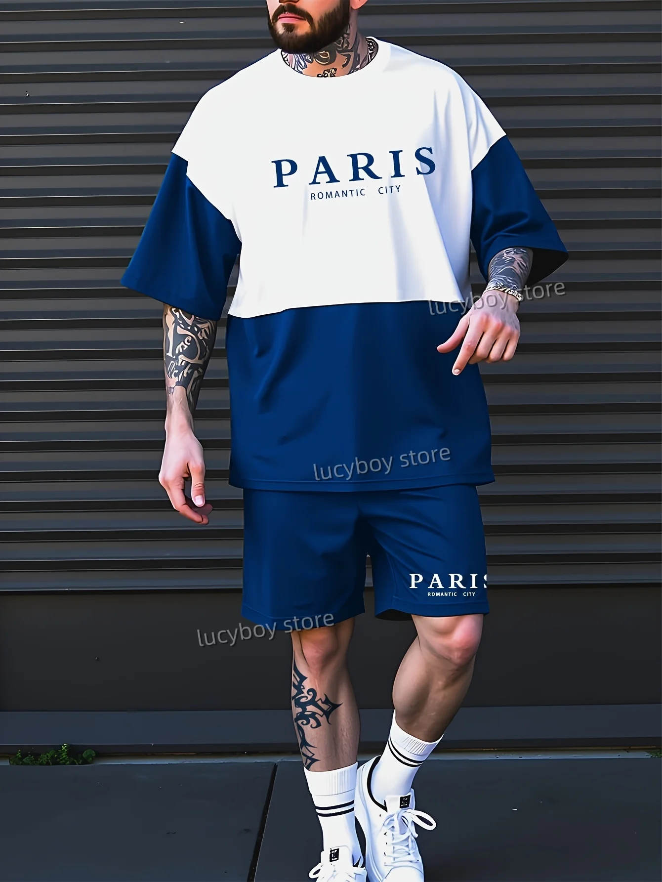 

ROMANTIC CITY PARIS Printed Sport T-shirt+shorts Suit Set Men Male Luxury Tracksuit Outfit Summer Oversized 2 Piece Set Clothes