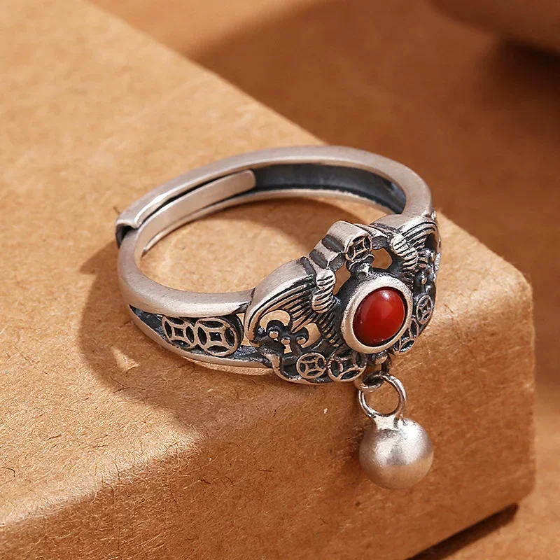 Ethnic Style Imitation South Red Agate Adjustable Ring Women Vintage Thai Silver Color Good Luck Gathering Money Party Jewelry