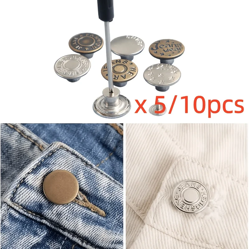 5pcs pack Adjustable Metal Button Jeans with Removable Hem for Waistline Adjustment, No Need for Sewing, Size from Large to S