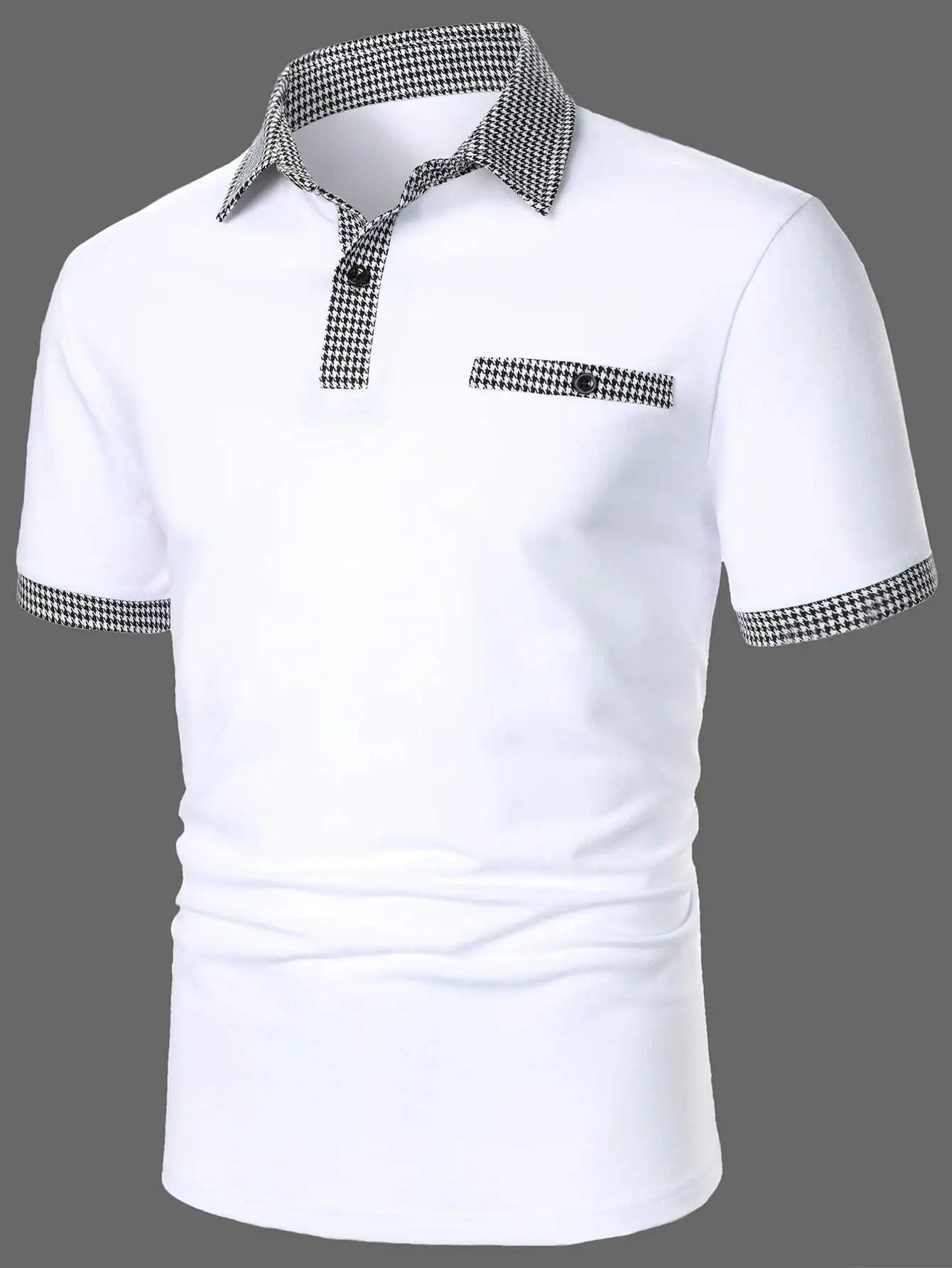 

Men's White Polo Shirt with Houndstooth Contrast Collar and Cuff Detail