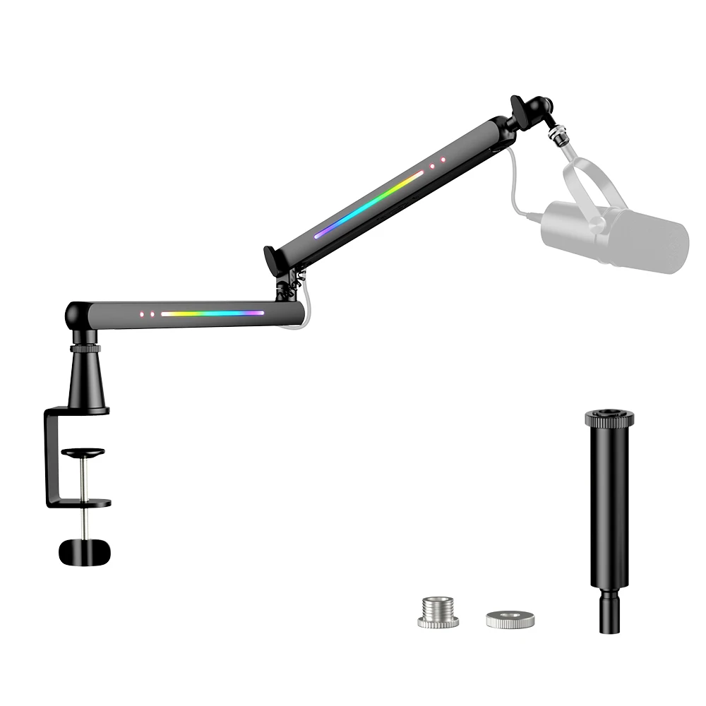 RGB Microphone Boom Arm Stand Adjustable Desk Mic Cantilever Bracket With RGB Light Cable Management for Gaming Streaming Podcas