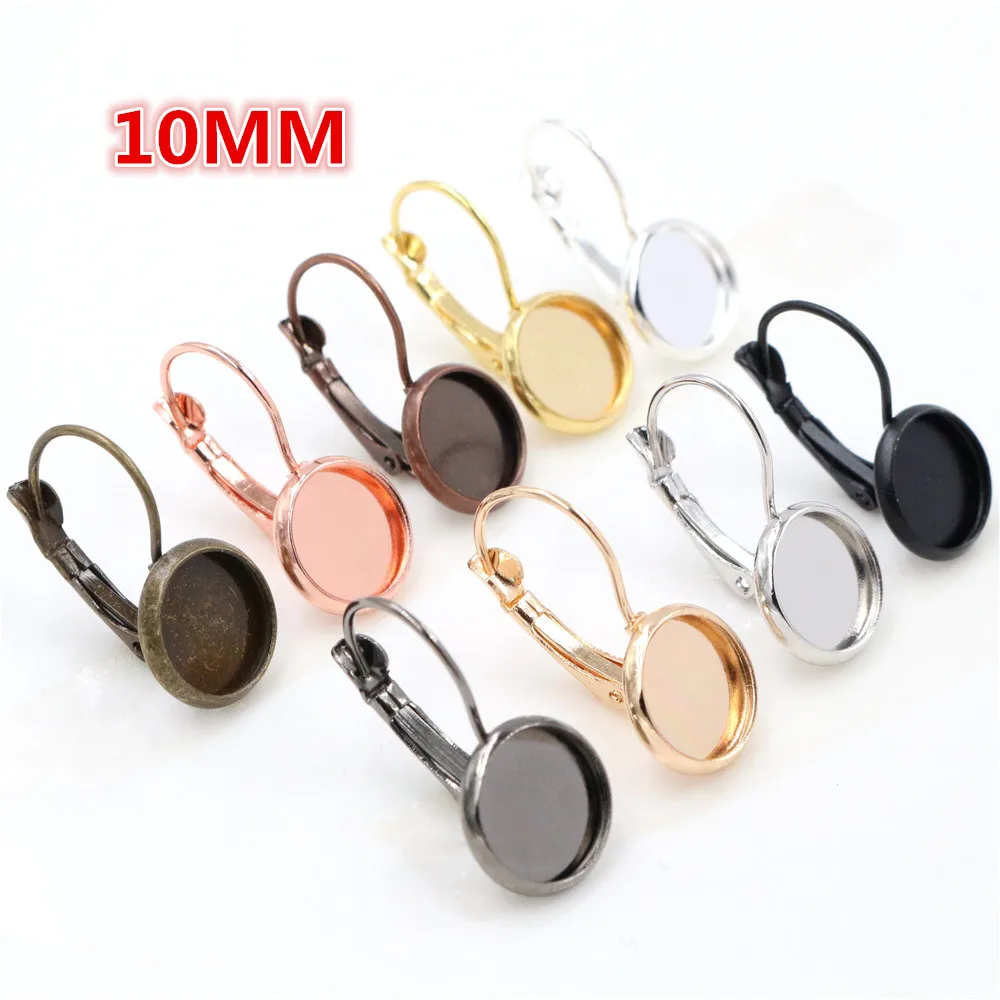 8mm 10mm 10pcs 9 Colors Plated French Lever Back Earrings Blank/Base,Fit 10mm Glass Cabochons,Buttons;Earring Bezels