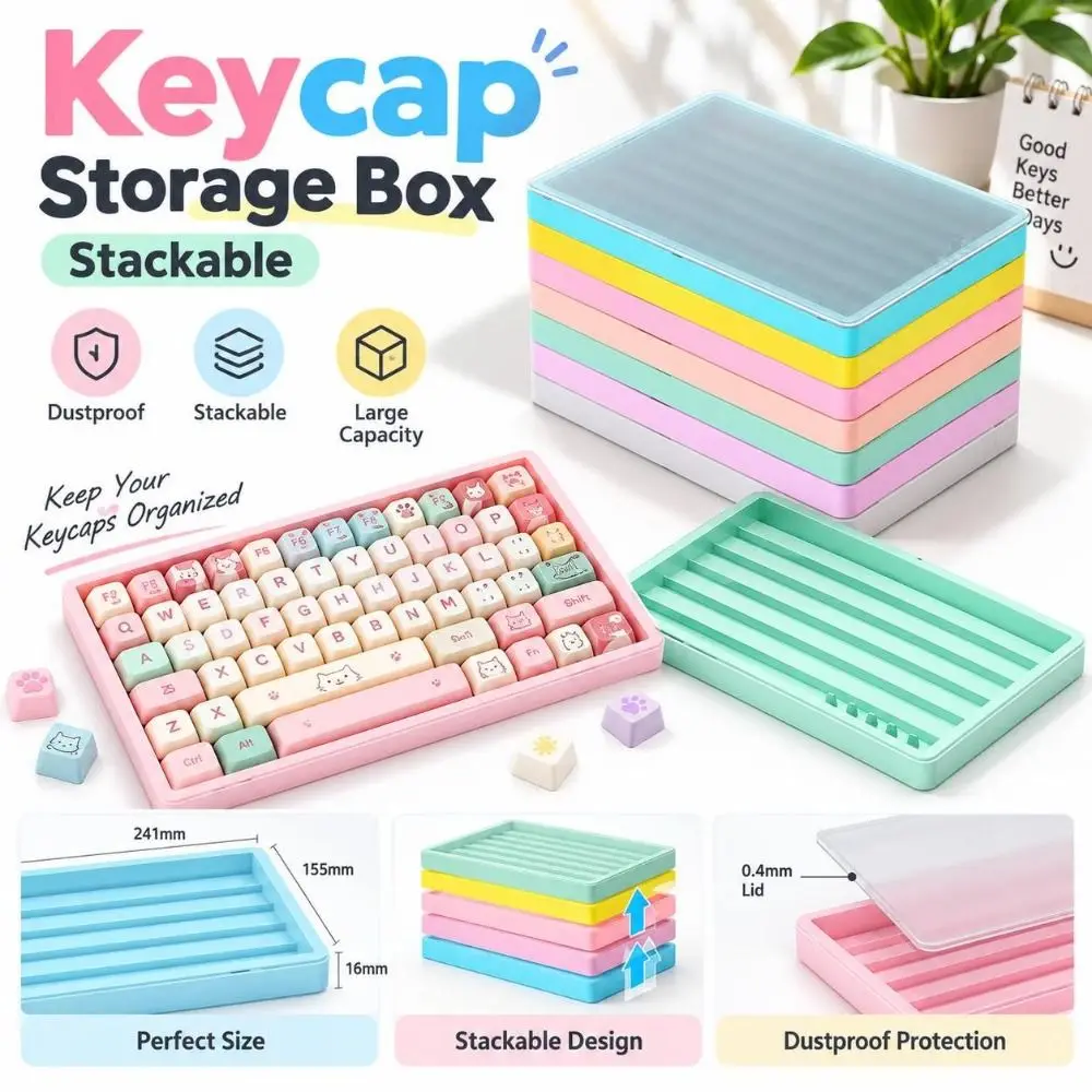 New Dustproof Keycap Storage Box Transparent Lid Stackable Keycap Organizer Multicolor Options Slotted Tray Keyboard Maintenance