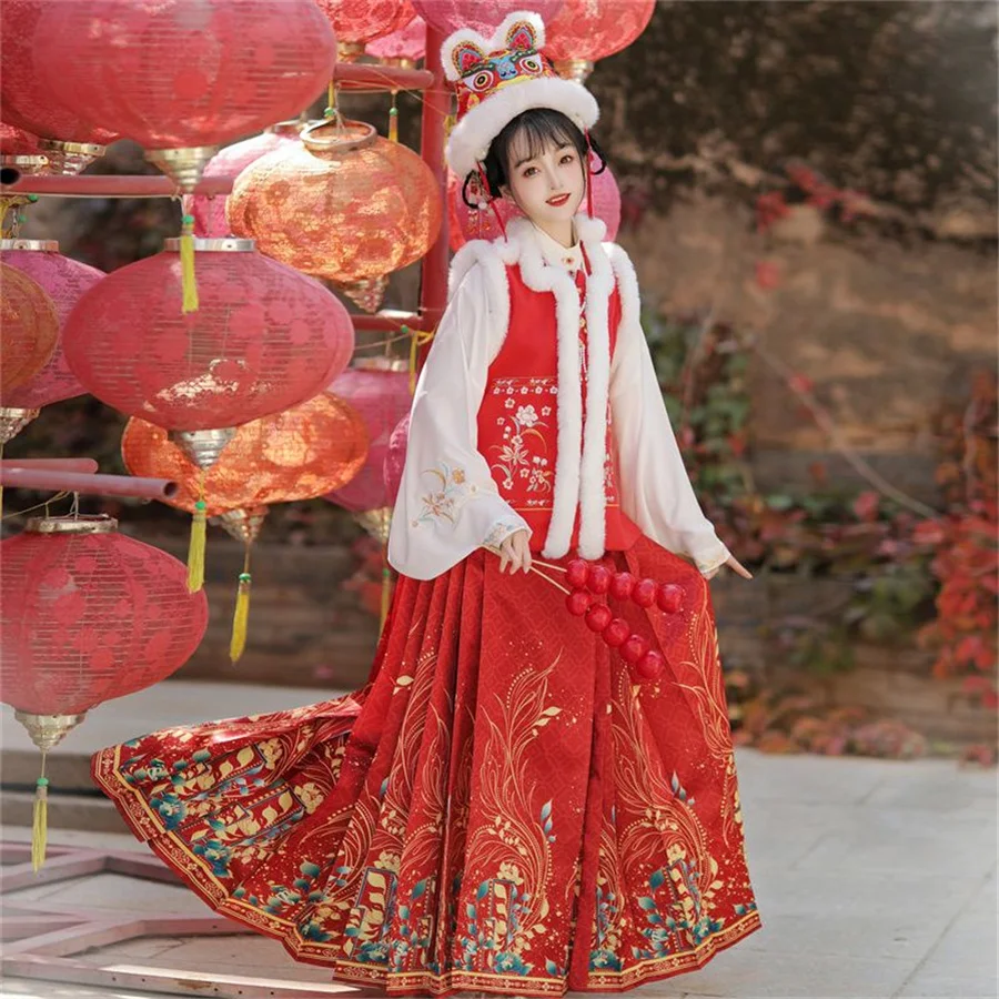 Saia de rabo de cavalo chinesa hanfu, elegante vestido floral estampado princesa, estilo Ming, veste tradicional, outono e inverno