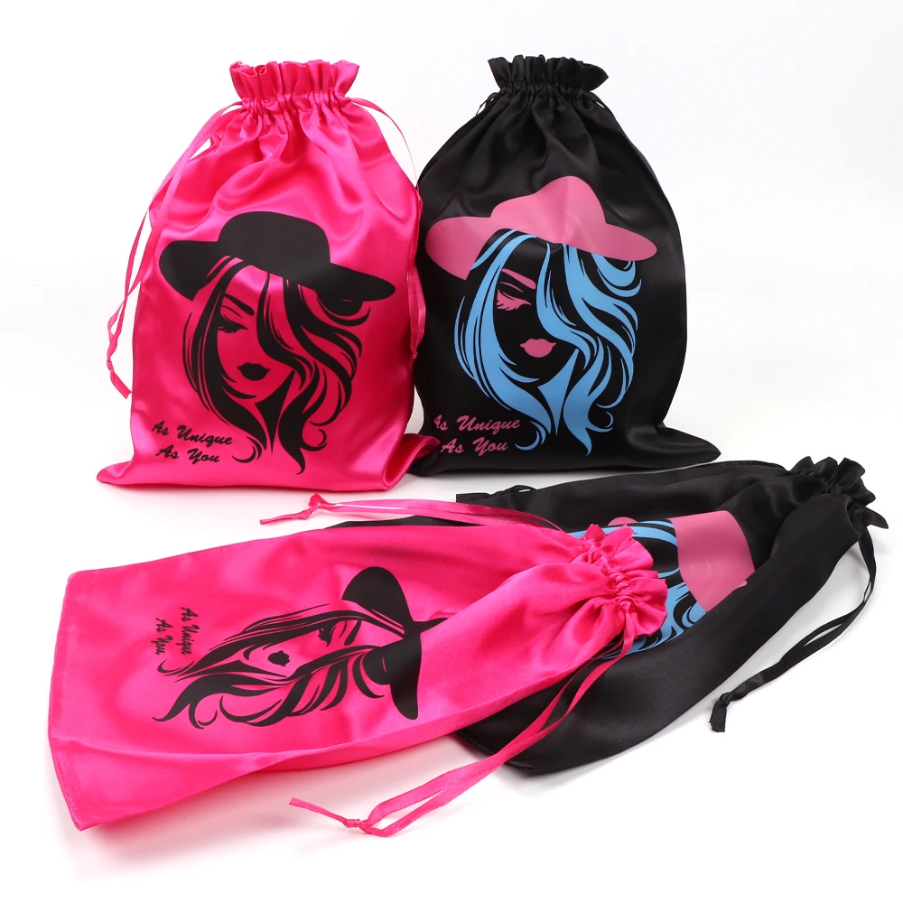 6Pcs Satin Wig Storage Bags With Beautiful Pictures Silk Bags With Drawstring Storage Satin Bag For Wigs Bundles Hair Extension