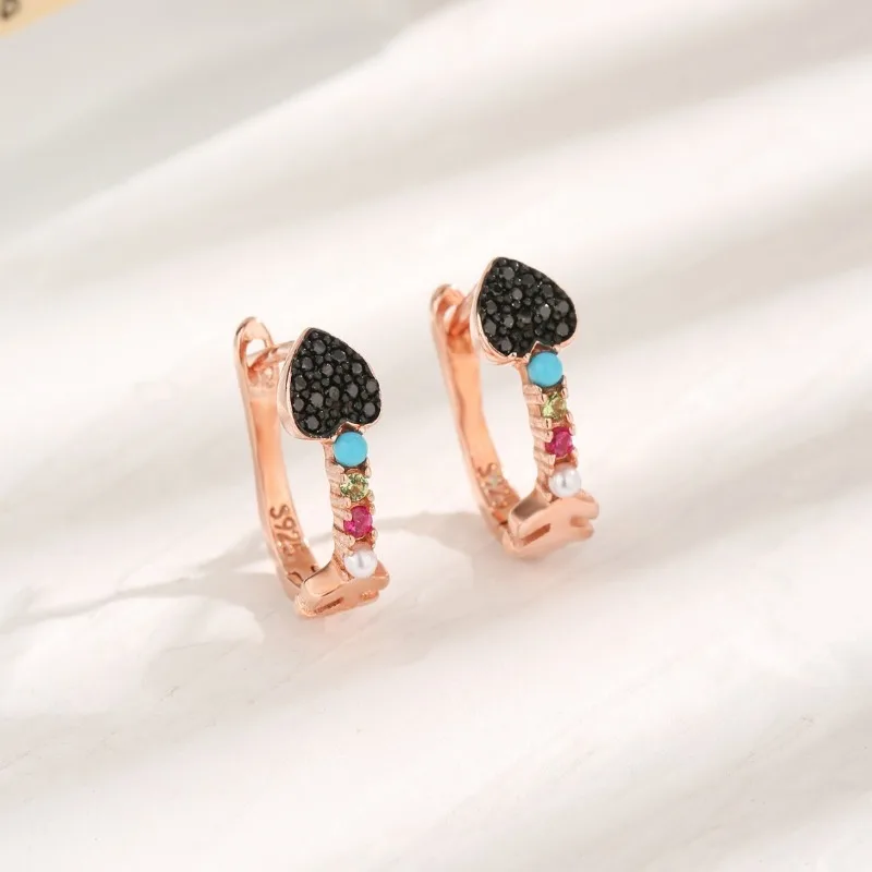 

Простые безделушки, винтажные женские серьги S925, серебро в форме сердца, черный цирконий, розовое золото, пряжки для ушей, опаловые аксессуары