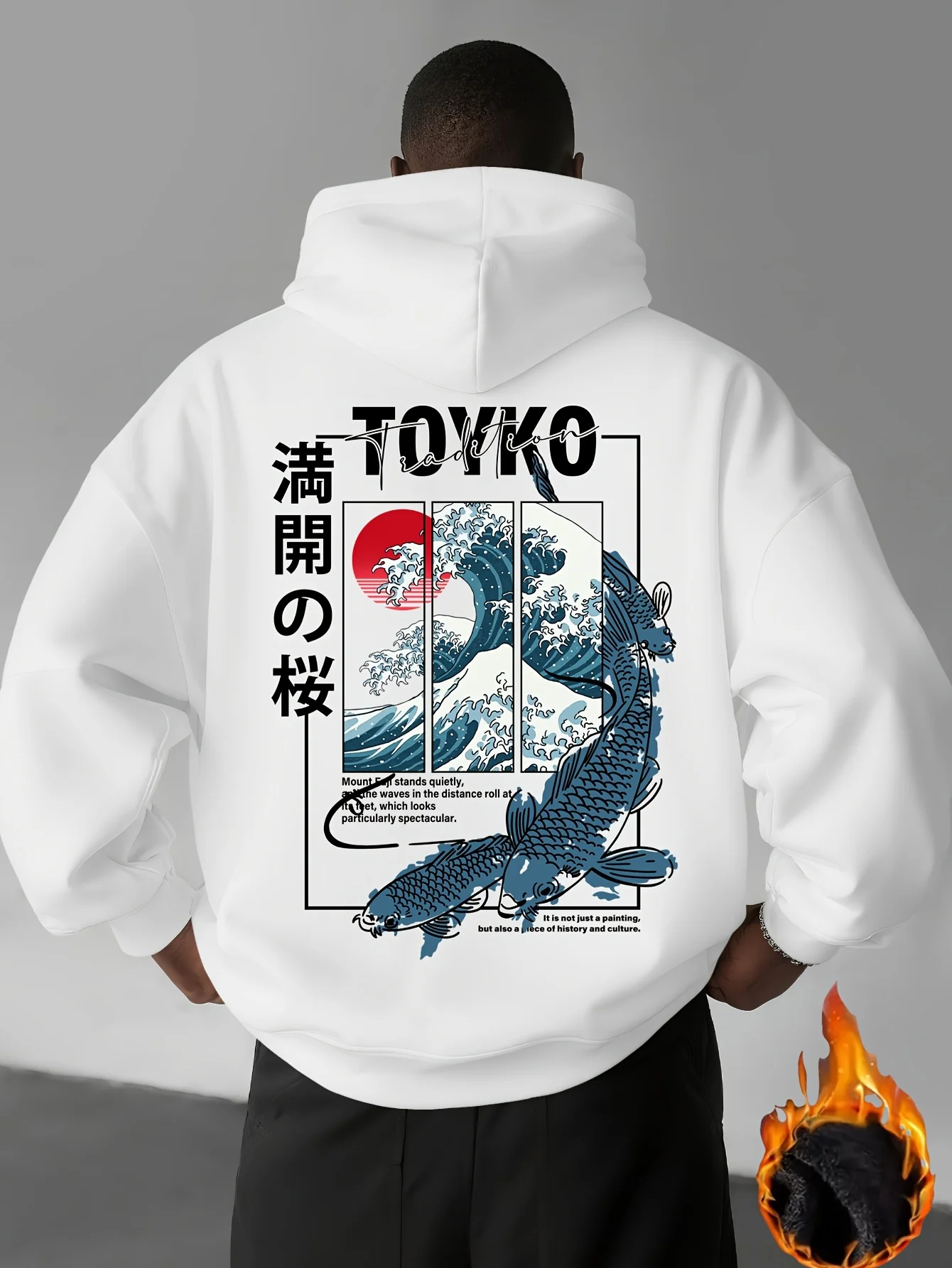 Men's Japanese Anime-style Hooded Sweatshirt Big Wave Koi Fish Print Japanese Ukiyo-e Art Design Loose Casual Warm Winter Street