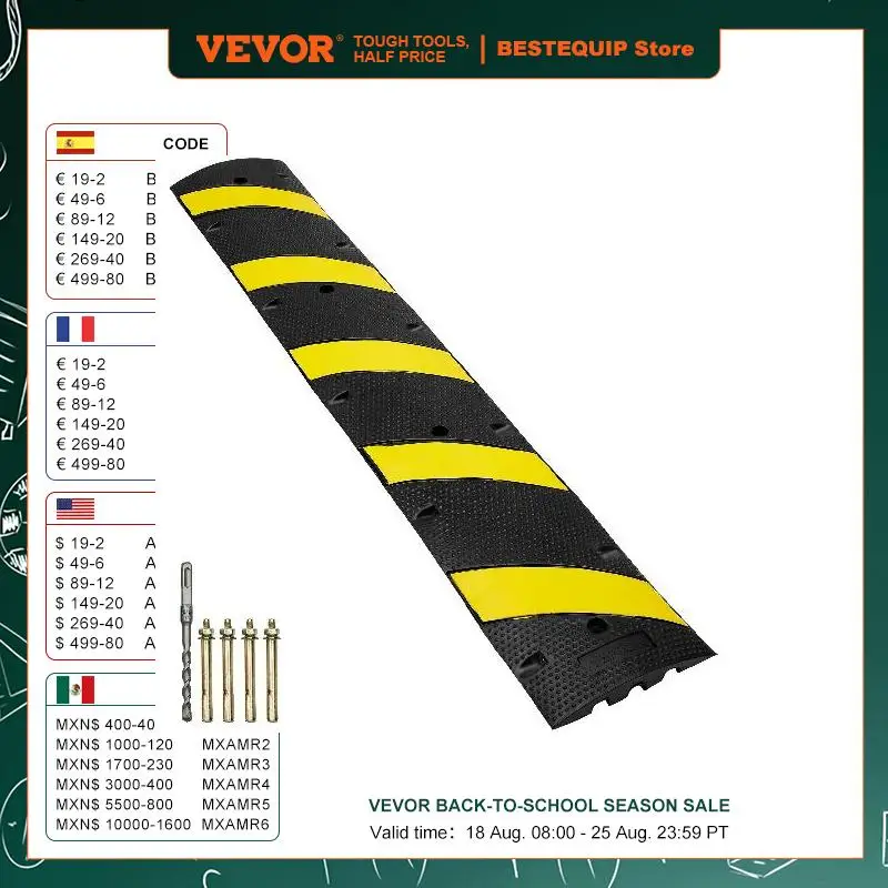 VEVOR 6ft/72'' Rubber Speed Hump 2Channel 22000lbs Load Capacity Heavy Duty Traffic Speed Bump for Asphalt Concrete Gravel Roads