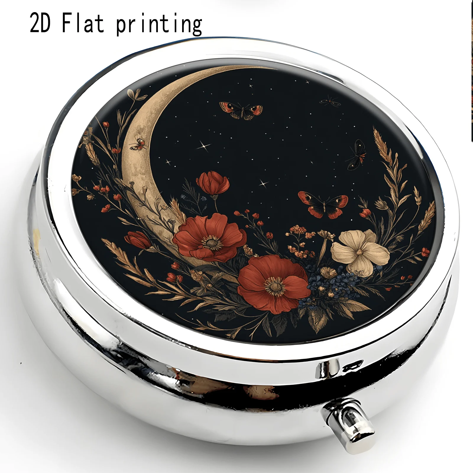 Dark-Style Crescent Moon Poppy Flower and Butterfly Illustration Pattern, Round Three-Compartment Small Medicine Box, Portable Medicine Storage, Small Jewelry Storage, Suitable for Handbags or Travel, Holiday Gifts, Souvenirs, Prizes, Small Gifts, Suitable for Personal Use or as an Exquisite Gift Option