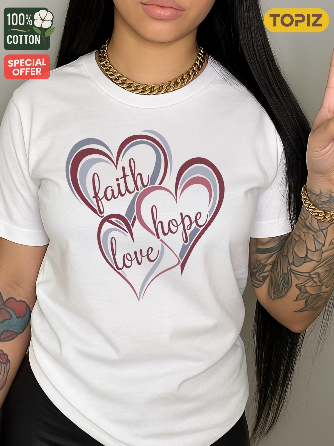 [Taglia Plus] T-shirt grafica da donna, top girocollo a maniche corte, ordini di gruppo, 100% cotone, Heart Faith Hope Love Design 100%