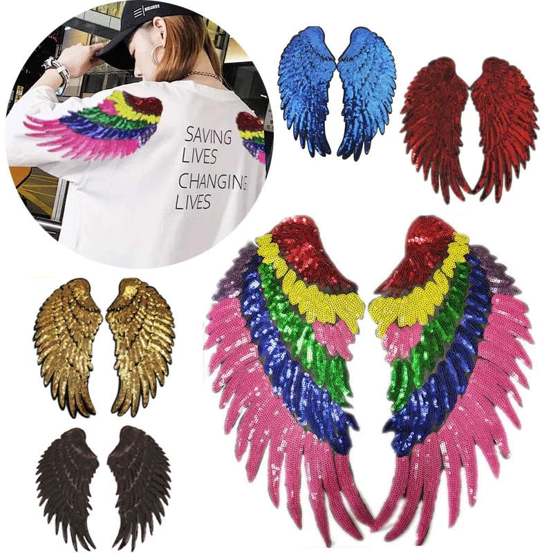 Rainbow Angel Wing Huge Ironing Patches for Clothing Large Patch T-shirt Jacket Gold Sliver Sequined Patch