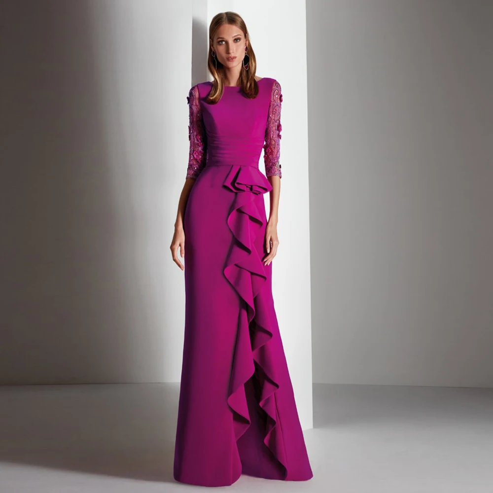 

Fuchsia Mother of The Bride Dress 3/4 Sleeves Lace Ruffles Mermaid Floor Length Wedding Guest Gown Vestidos De Noite Customized