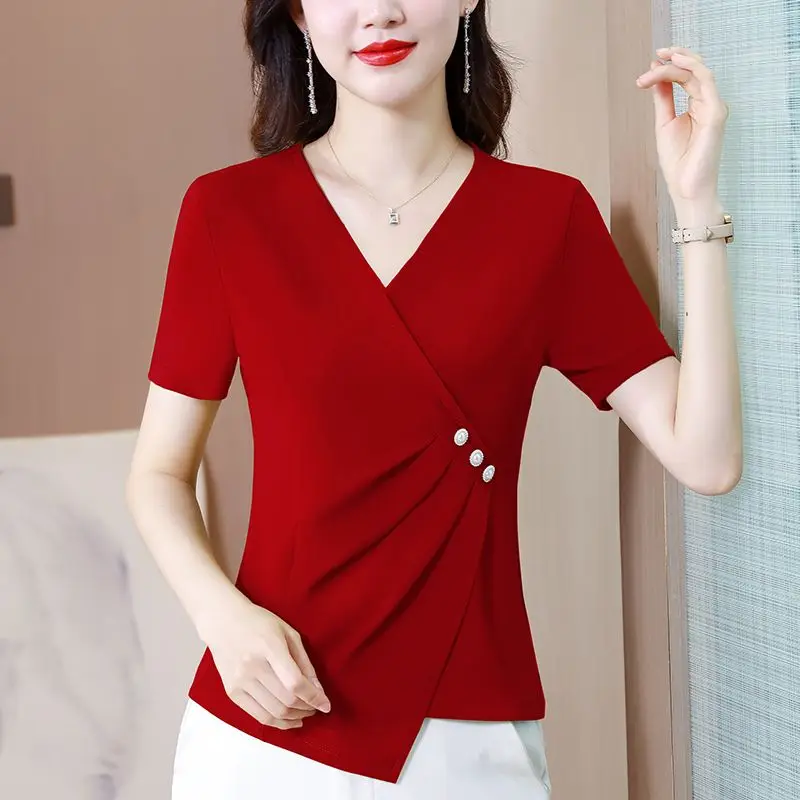 Summer Korean Fashion Simple Asymmetrical Versatile Short Sleeve T-shirt Women Solid Cross V-neck Beading Office Lady Cotton Top