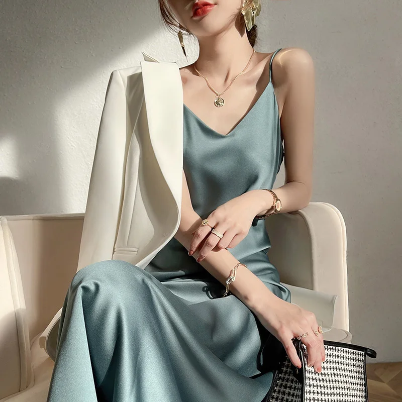 

Spring Summer Satin Drawstring Dress For Women Solid Color Female Slim OL Woke Office Long A Line Skirt Strappy Ladies Dresses