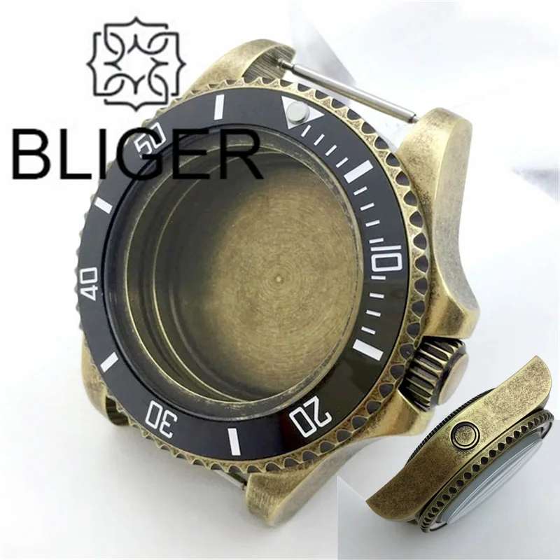 BLIGER 43mm SEA Dive Watch Case Bronze Brushed Coating Steel With Domed Sappire Glass Ceramic Bezel For NH ETA PT Movement Screw