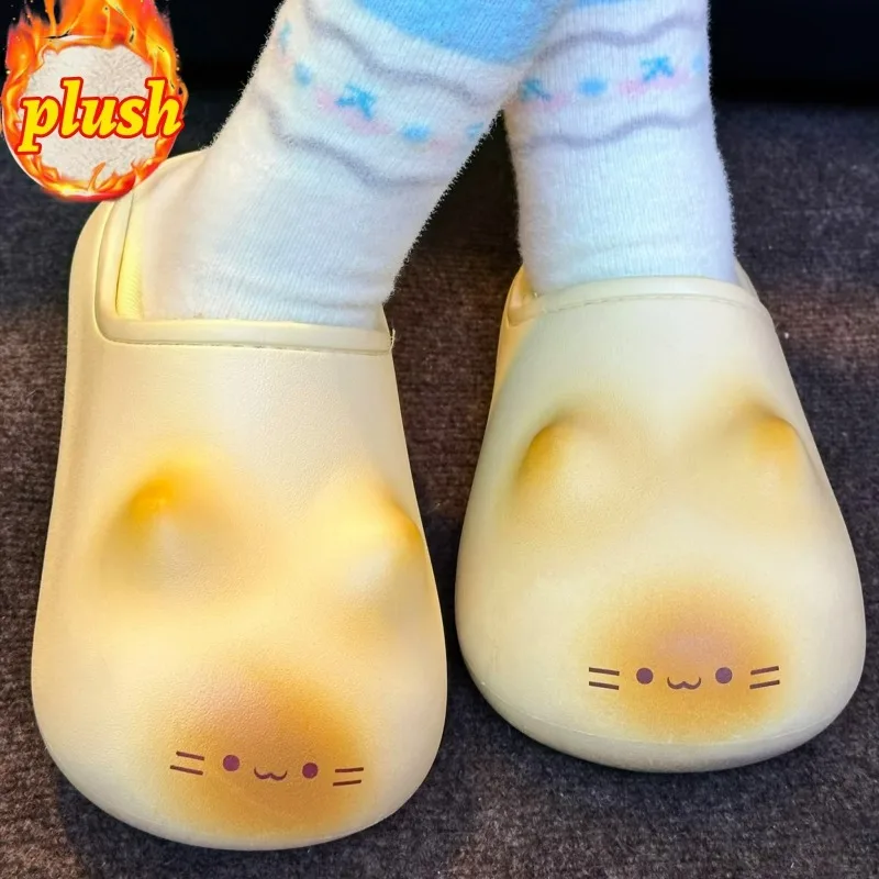 

Cartoon Plush Cat Paw Slippers Couple EVA Sole Cartoon Waterproof Slipper for Women Men Winter Plush Fluffy Home Warmth Slipper