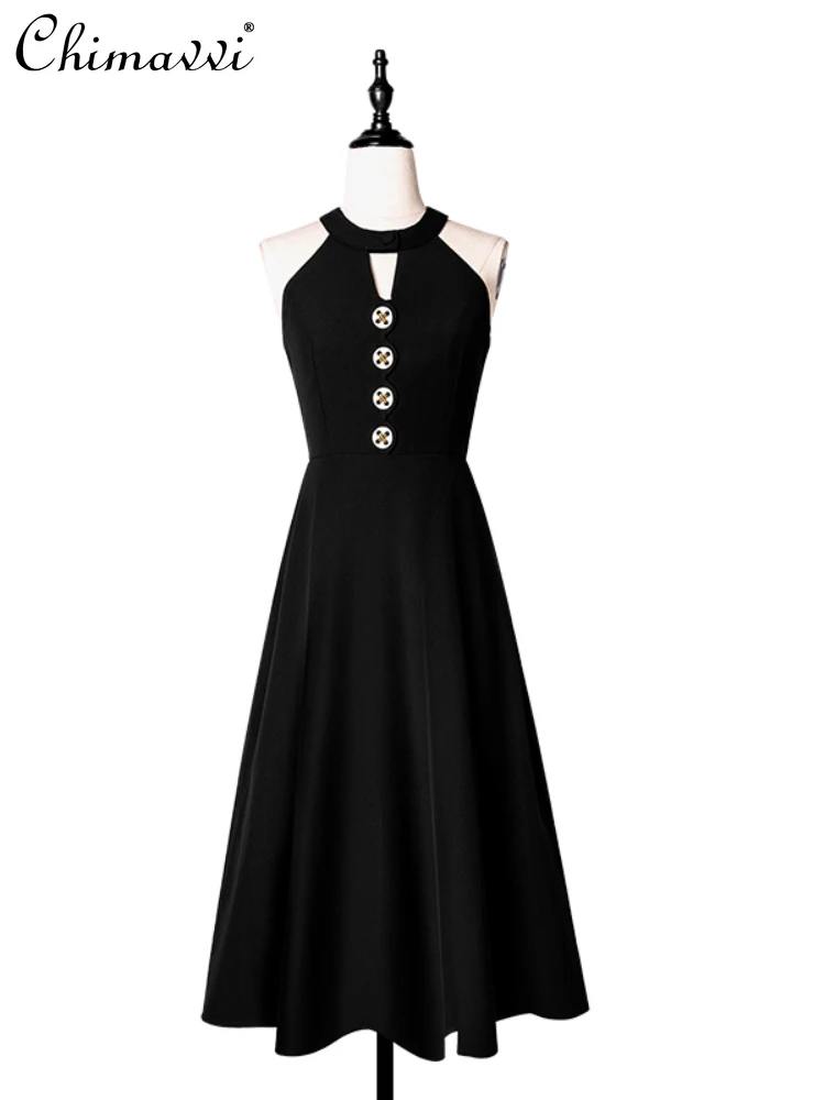 

French Hepburn Style Dress Women Commute off-Shoulder Halter Single-Breasted High Waist A-line Slim Fit Elegant Long Dresses