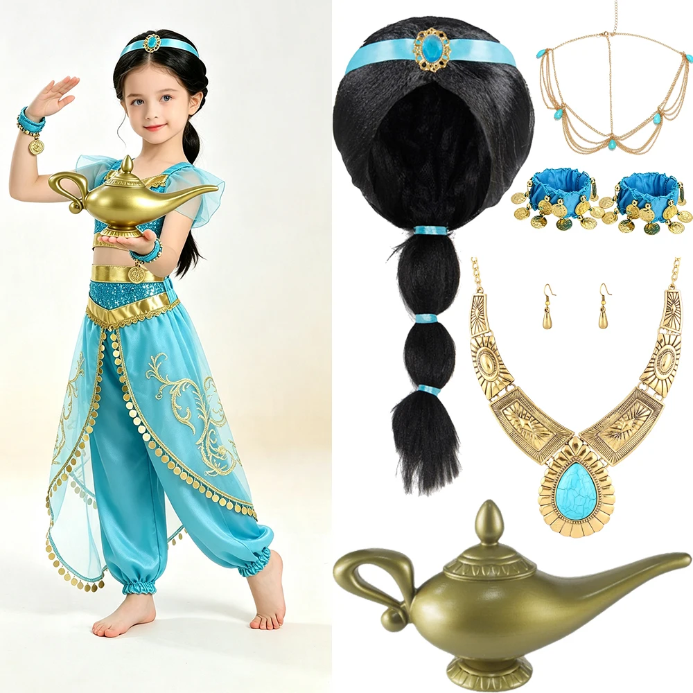 Exotic Girl Arabian Princess Costume Set with Magic Lamp Golden Jewelry Headwear Wig for Mid Eastern Fairy Tale Role Play Gift