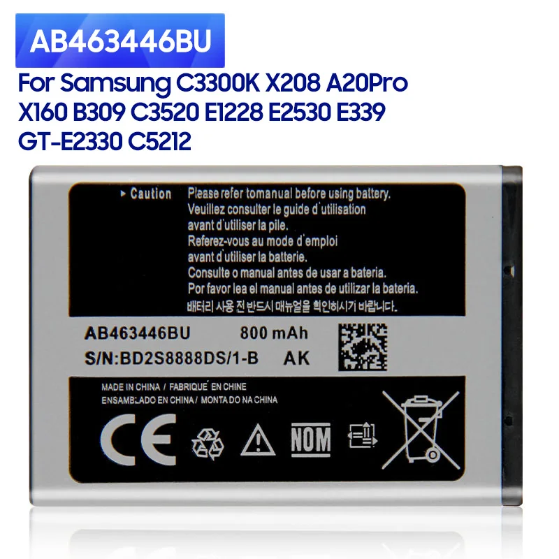 

NEW Phone Battery AB463446BE AB463446BA For Samsung X208 B189 B309 F299 GT-E2652 C3300K X160 AB043446BE Battery 800mAh