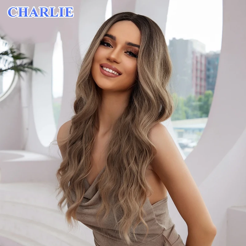 Brown Highlight Wig Long Wavy no Bangs Synthetic Wigs Cosplay Daily Use Heat Resistant Fiber for Women