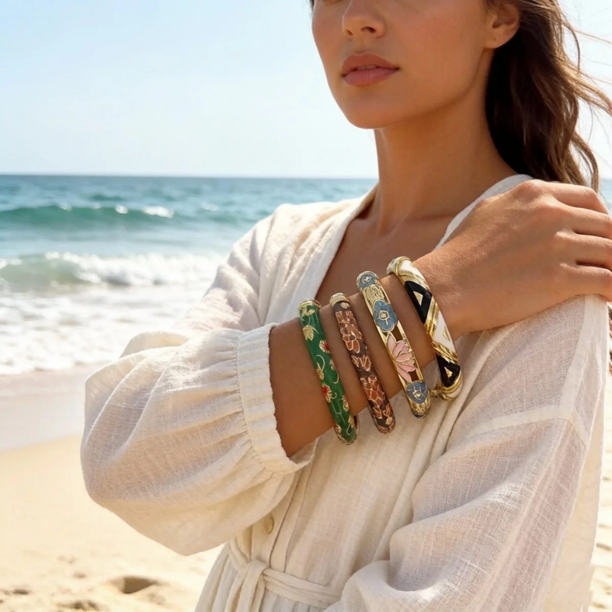 Vintage-Emaille-Armbänder mit Blumenmuster für Damen und Herren, Retro, bunt, kontrastierend, Gänseblümchen, elegant, modischer Schmuck – Detail 4