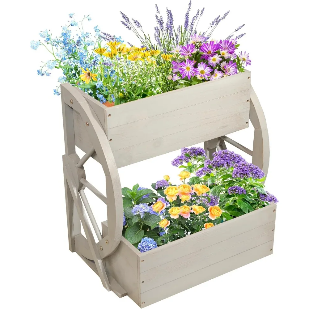 

Wooden Wagon Planter Box,Wagon Wheels for Outdoor Decor,2-Tier Rustic Wood Plant Stand,Wooden Wagon Cart Yard Furniture for Flow