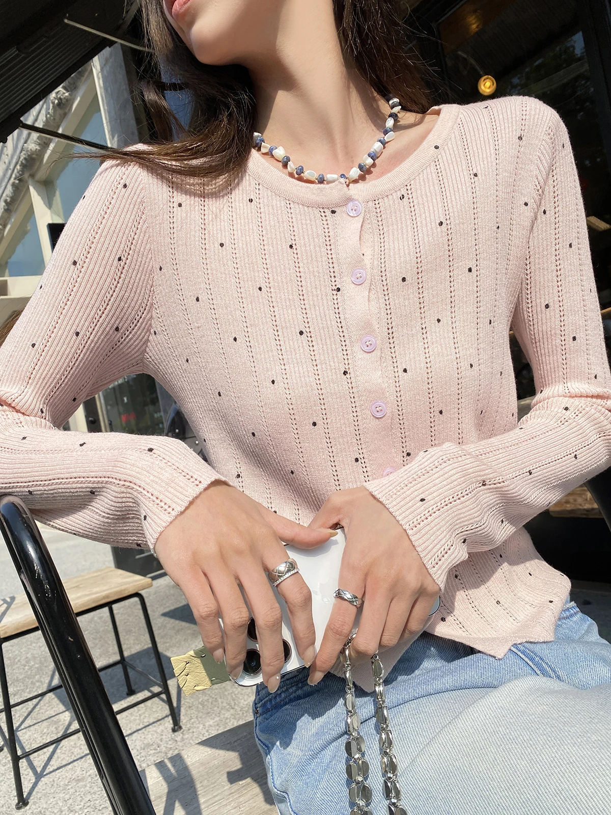 

FEELROOM Korean Style Slim Fit Long Sleeve round Neck Knitted Cardigan Breathable Thin Polka Dot Pattern Air Conditioning Top