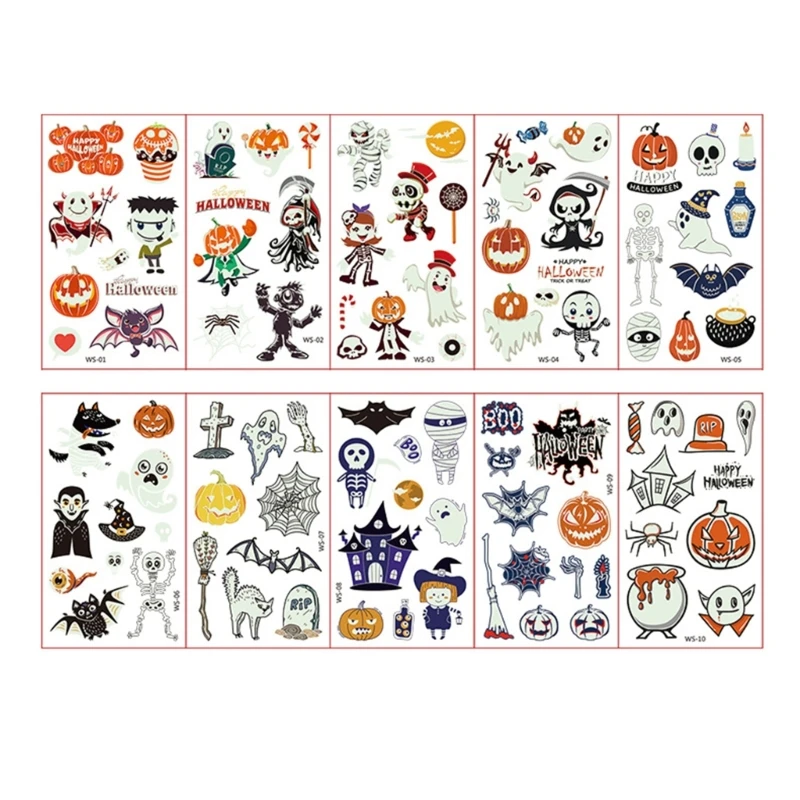 10 Sheet Halloween Pumpkin Decorative Party Scary Skeleton Decals Terrifying Bat