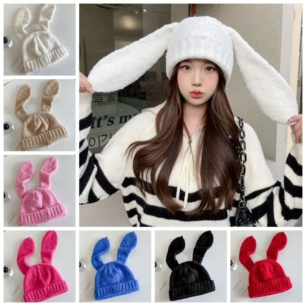 

Fashion Solid Color Rabbit Ear Hat Windproof Soft Knitted Skull Cap Plush Winter Warm Women Beanie Hat