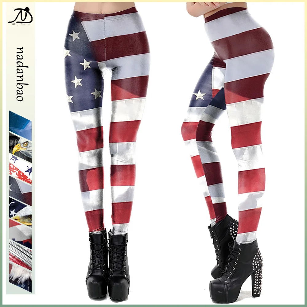 

Nadanbao Independence Day Stripe Printing Holiday Party Pants Women Sexy Elastic Tights Leggings Female Mid Waist Trousers