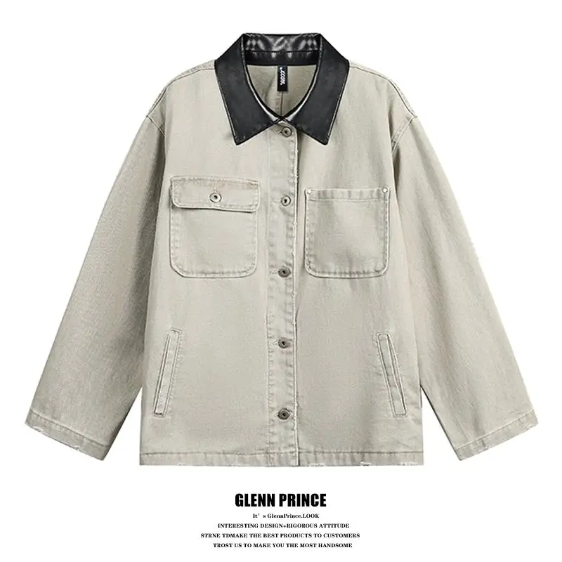 

Куртка из денима с вставками из искусственной кожи, осенне-зимняя, унисекс, в стиле рабочей одежды, американский уличный стиль, для пар