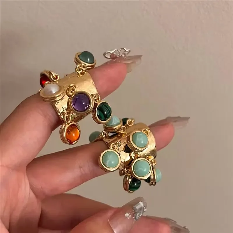 Vintage Natural Stone Malachite Glass Multi-pendant High-grade Fringe Open Ring Women\'s Wedding Party Jewelry Jewelry