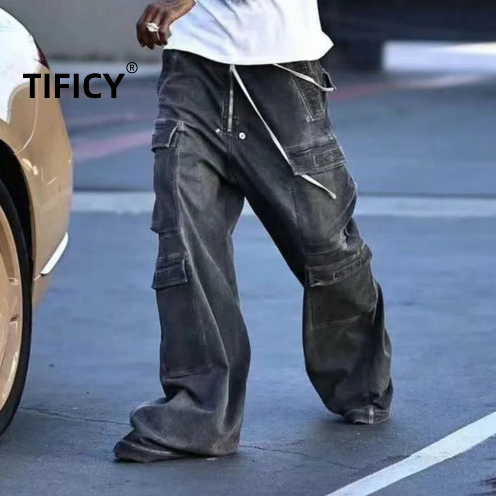 

High Street Denim Pants RO Men's Gradient Multi Pocket Workwear Straight Tube Casual Drawstring Wide Leg Flared Loose Pant